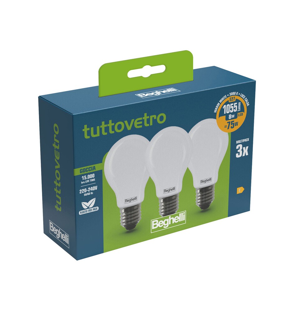 BEGHELLI LED GOCCIA E27 8W 58050 CALDA 3000K 3 PZ
