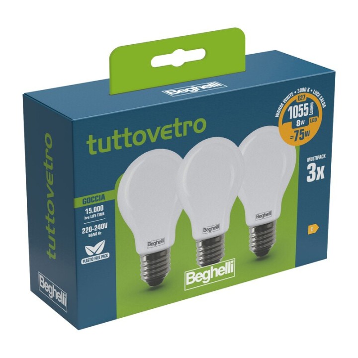 BEGHELLI LED GOCCIA E27 8W 58050 CALDA 3000K 3 PZ
