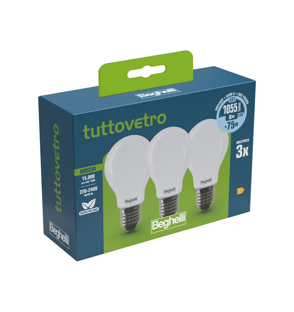 BEGHELLI LED GOCCIA E27 8W 58052 FREDDA 6500K 3 PZ