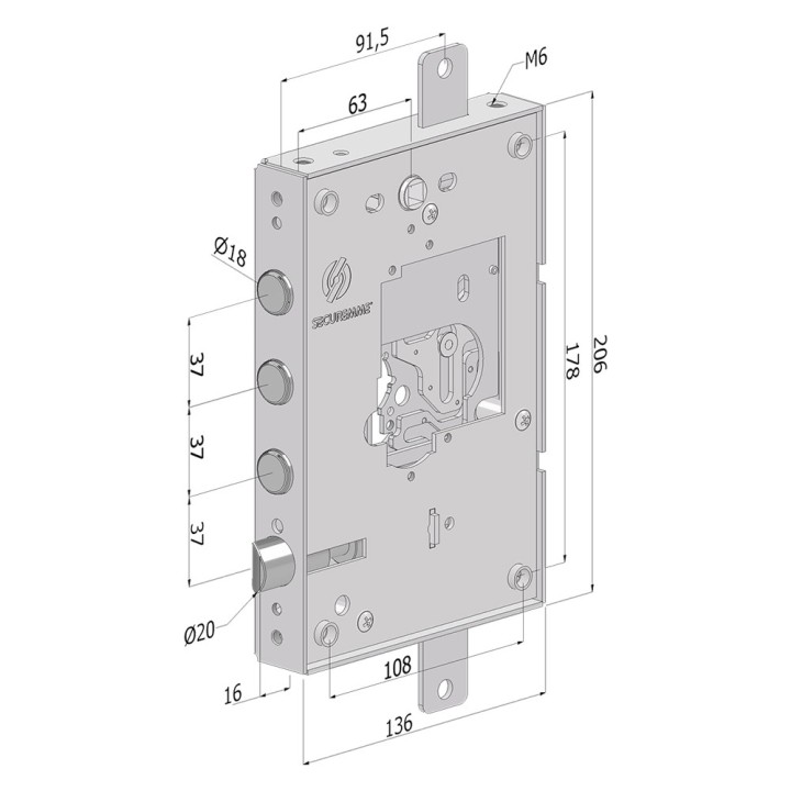 SERRATURA DA APPLICARE TRIPLICE PER PORTE BLINDATE SENZA NUCLEO '250' interasse pistoni 37 mm - SX