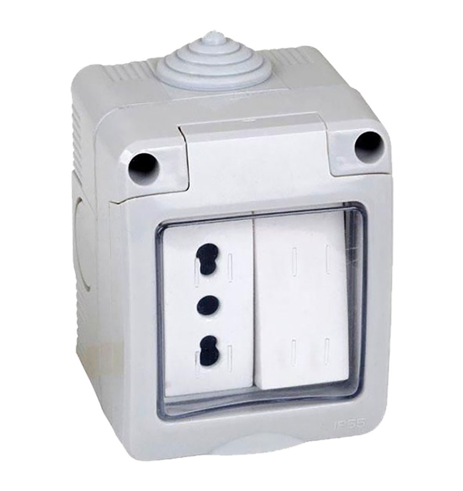 CONTENITORE ESTERNO INTERRUTTORE + PRESA 1 deviatore + presa bivalente 10/16A