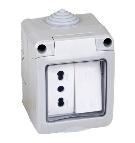 CONTENITORE ESTERNO INTERRUTTORE + PRESA 1 deviatore + presa bivalente 10/16A