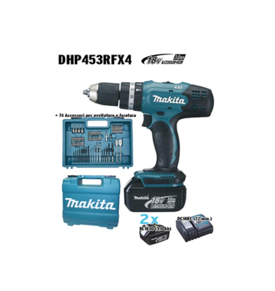 MAKITA TRAPANO C/PERC DHP453RFX4 18V LXT + 74 ACC