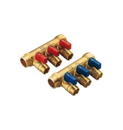 COLLETTORE NINO GIALLO C/VALVOLA A SFERA DA 3/4 x 16 3 VIE 3/4 x 1/2 x 16