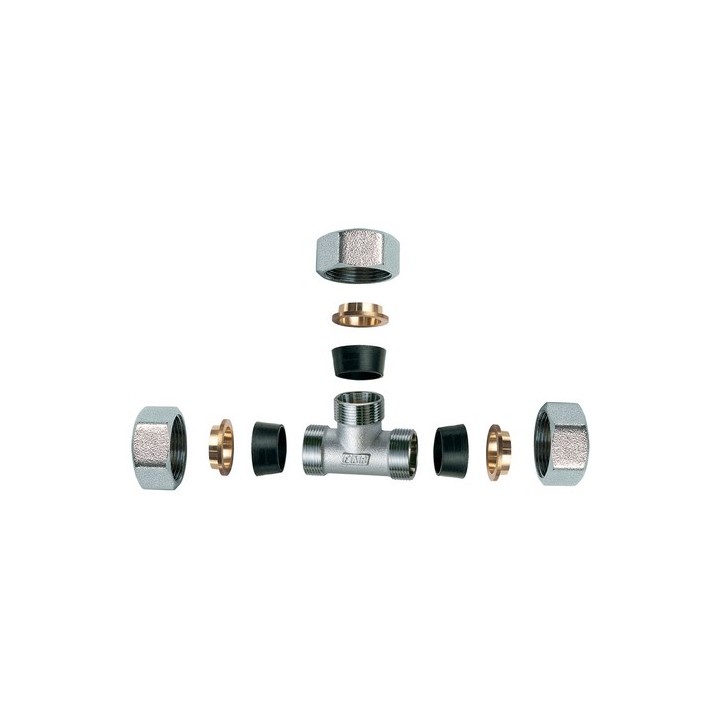 RACCORDO CROMATO A "T" CON 3 MONOCONI IN GOMMA PER RAME 1/2" x 18