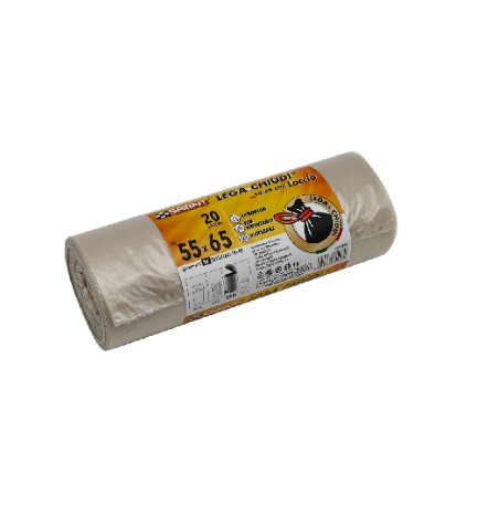 20 PZ SACCHI SPAZZATURA LEGA E CHIUDI C/LACCIO SPESSORE 18 MY Nero cm 55 x 65