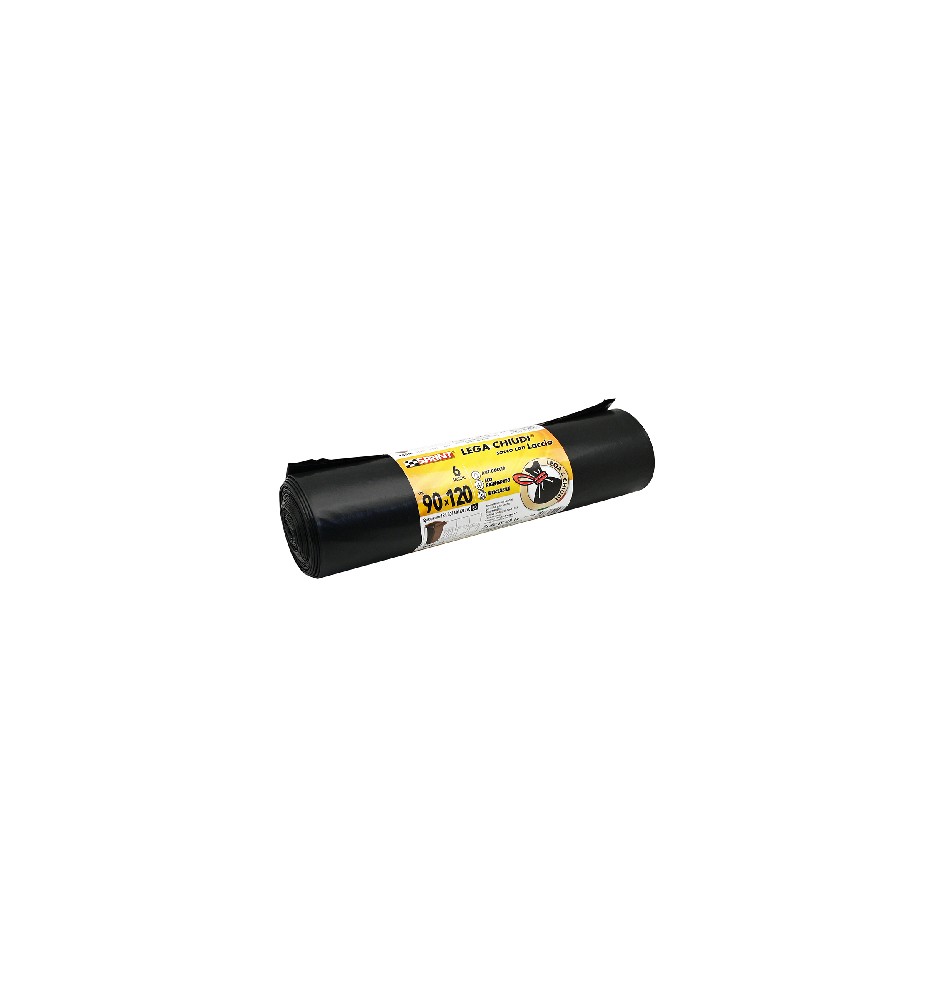6 PZ SACCHI SPAZZATURA LEGA E CHIUDI C/LACCIO 80 MY Nero cm 90 x 120
