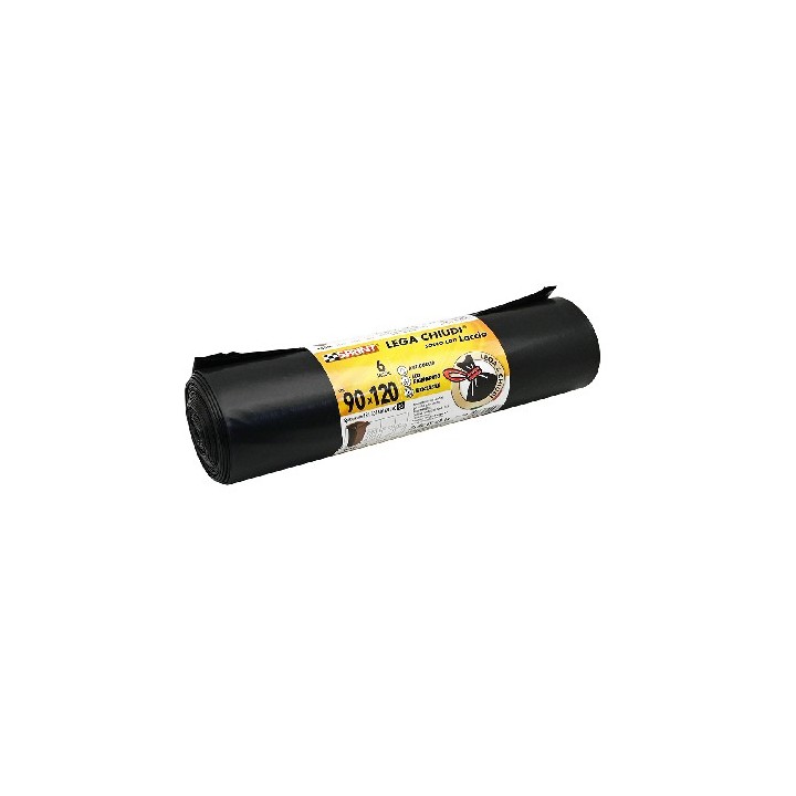 6 PZ SACCHI SPAZZATURA LEGA E CHIUDI C/LACCIO 80 MY Nero cm 90 x 120