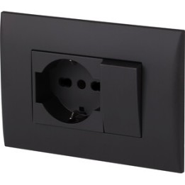 PLACCA C/SUPP PULSANTE+PRESA BIPAS SCHUKO NERO