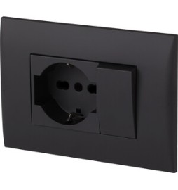 PLACCA C/SUPP PULSANTE+PRESA BIPAS SCHUKO NERO