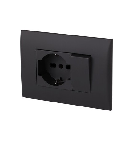 PLACCA C/SUPP PULSANTE+PRESA BIPAS SCHUKO NERO