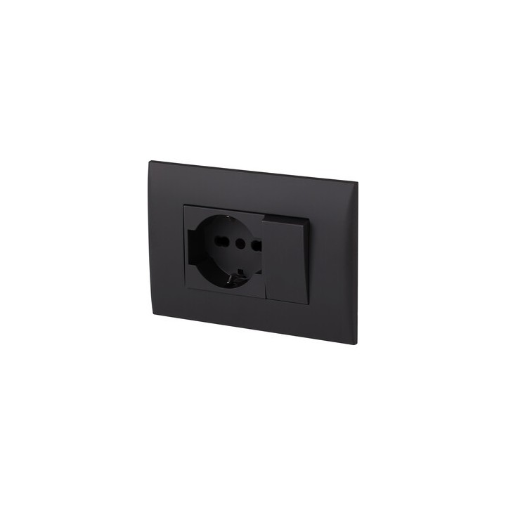PLACCA C/SUPP PULSANTE+PRESA BIPAS SCHUKO NERO