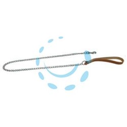 GUINZAGLIO PER CANI PESANTE CUOIO NATURALE CON CATENA CROMATA - lunghezza catena cm.80 spessore mm.2