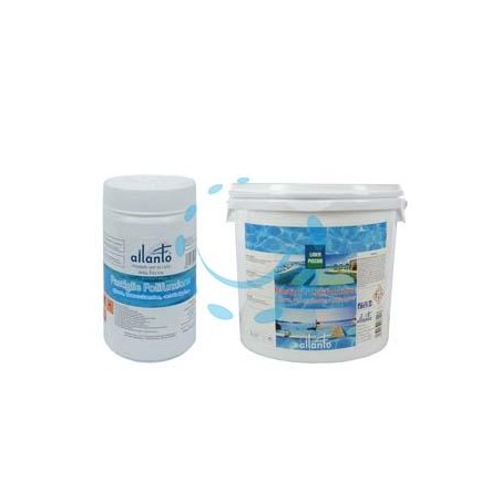 CLORO POLIFUNZIONE PASTIGLIE (CLORO, FLOCCULANTE, ANTIALGHE) - Kg.1 in barattolo (pastiglie da gr.200 l'una)