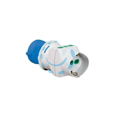 ADATTATORE INDUSTRIALE CON SPINA CEE IP44 E PRESE BIPASSO E SCHUKO - 16A colore blu 73090