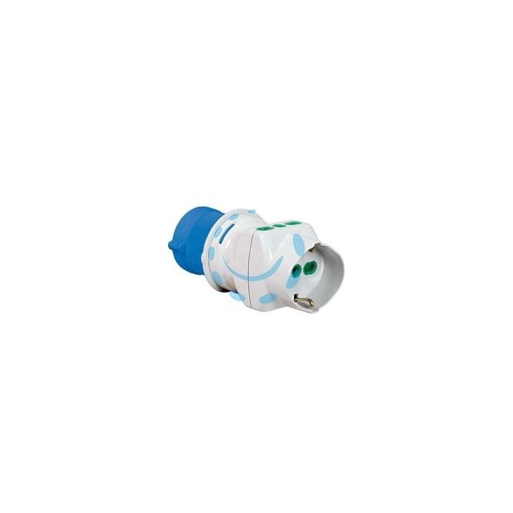 ADATTATORE INDUSTRIALE CON SPINA CEE IP44 E PRESE BIPASSO E SCHUKO - 16A colore blu 73090