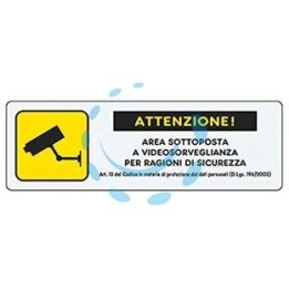 TARGHETTA ADESIVA "AREA VIDEOSORVEGLIATA" CON NORMATIVA - cm.15X5h.