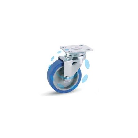 RUOTE A FORCELLA IN GOMMA BLU SINTETICA CON PIASTRA GIREVOLE "221" - ø mm.50x18 piastra mm.40x40 mm.66h. port. Kg.20