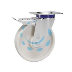 RUOTE IN POLIAMMIDE C/SUPPORTO INOX C/PIASTRA GIREVOLE FRENO "119ANT" - ø mm.100x30 piastra mm.100x85 - mm.128h. p.kg150