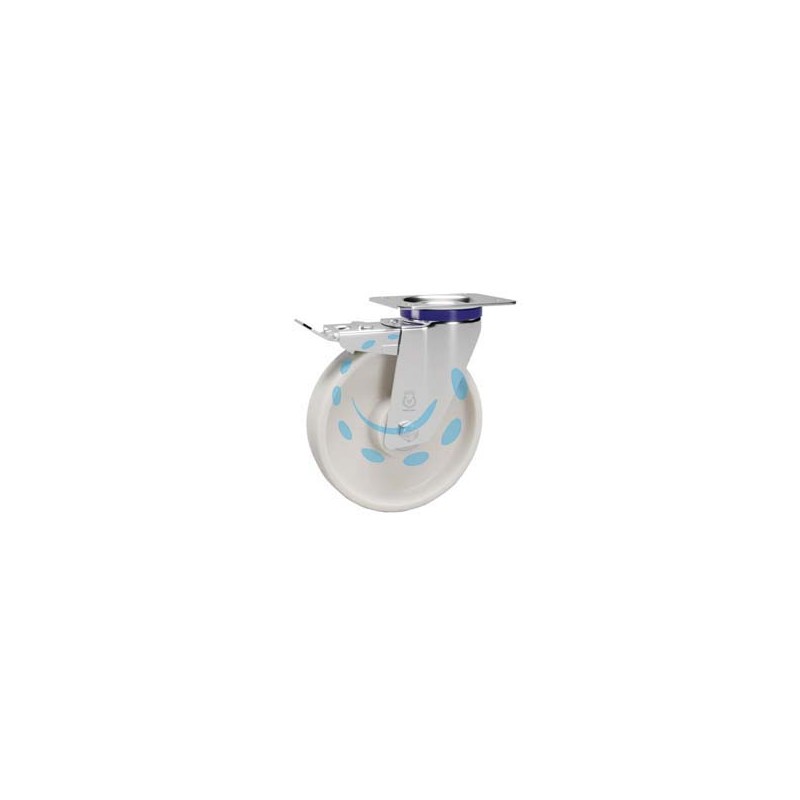 RUOTE IN POLIAMMIDE C/SUPPORTO INOX C/PIASTRA GIREVOLE FRENO "119ANT" - ø mm.100x30 piastra mm.100x85 - mm.128h. p.kg150
