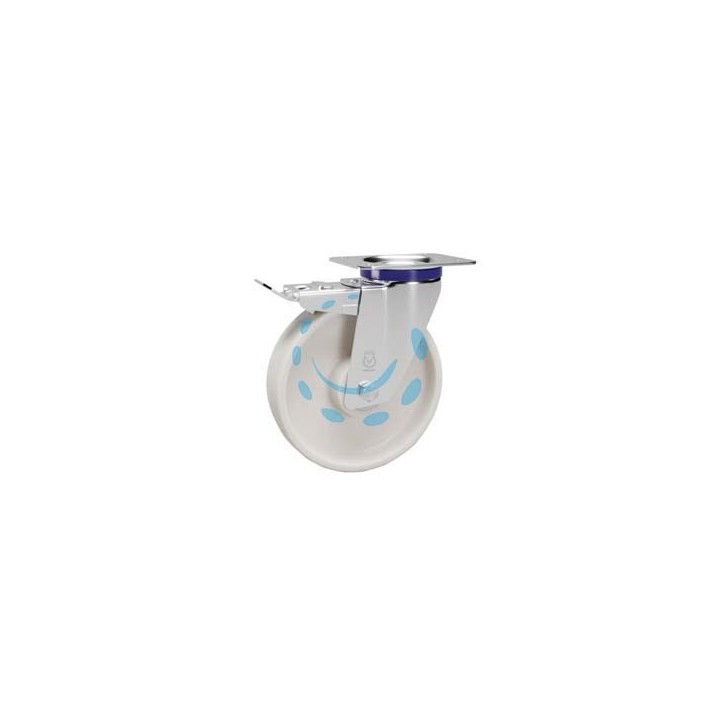RUOTE IN POLIAMMIDE C/SUPPORTO INOX C/PIASTRA GIREVOLE FRENO "119ANT" - ø mm.100x30 piastra mm.100x85 - mm.128h. p.kg150