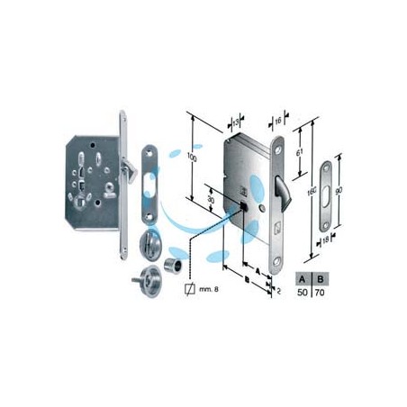 KIT SERRATURA INFILARE PORTE SCORREVOLI A GANCIO CON NOTTOLINO B.TONDO - mm.50 (4H06105087) cromato satinato