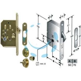 KIT SERRATURA INFILARE PORTE SCORREVOLI A GANCIO CON NOTTOLINO B.TONDO - mm.50 (4H06105017) ottonato lucido
