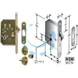 KIT SERRATURA INFILARE PORTE SCORREVOLI A GANCIO CON NOTTOLINO B.TONDO - mm.50 (4H06105017) ottonato lucido