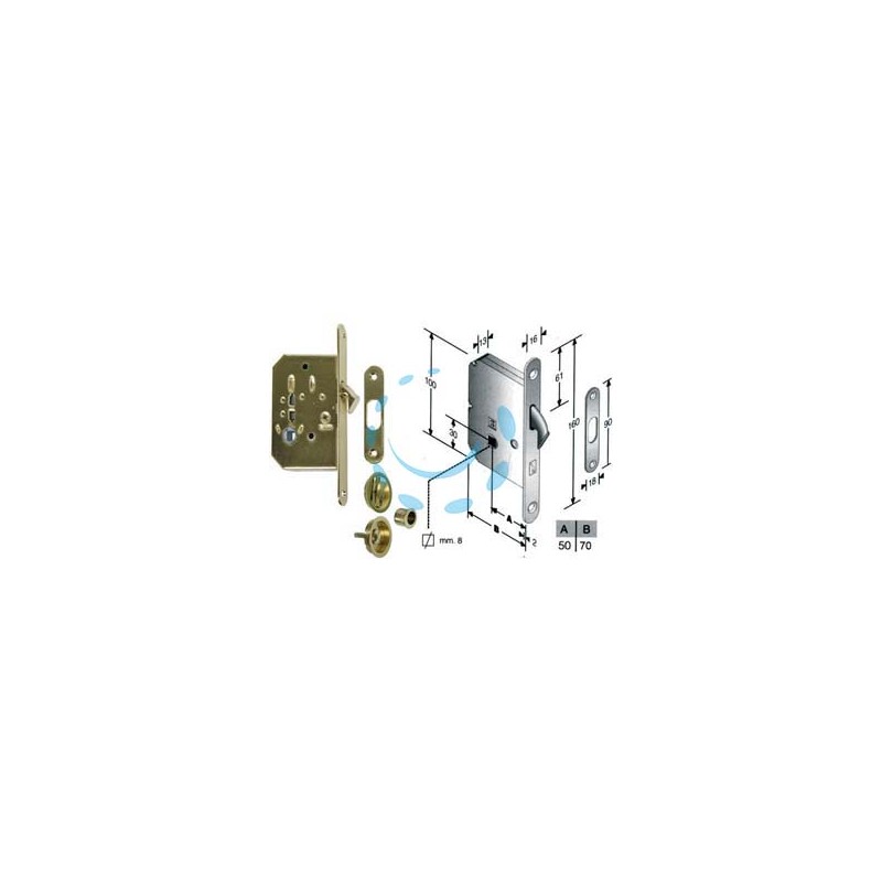 KIT SERRATURA INFILARE PORTE SCORREVOLI A GANCIO CON NOTTOLINO B.TONDO - mm.50 (4H06105017) ottonato lucido
