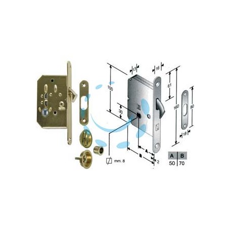 KIT SERRATURA INFILARE PORTE SCORREVOLI A GANCIO CON NOTTOLINO B.TONDO - mm.50 (4H06105017) ottonato lucido