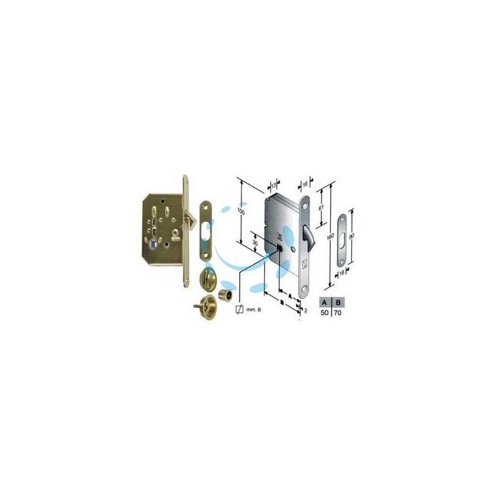 KIT SERRATURA INFILARE PORTE SCORREVOLI A GANCIO CON NOTTOLINO B.TONDO - mm.50 (4H06105017) ottonato lucido