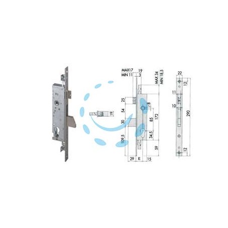 SERRATURA TRIPLICE DA INFILARE PER MONTANTI CON CATEN. E SCROCCO 46225 - mm.35 (46225350)