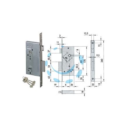 SERRATURA DA INFILARE DOPPIA MAPPA CON SCROCCO 57211 - mm.60 - gambo chiave mm.60 (57211610)