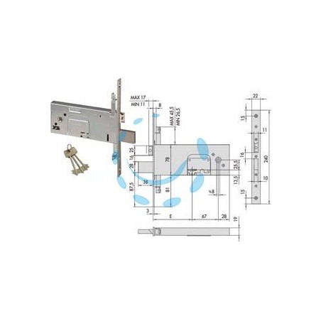SERRATURA TRIPLICE DA INFILARE PER FASCE DOPPIA MAPPA MM.78 H 57357 - mm.90 - gambo chiave mm.35,5 (57357900)