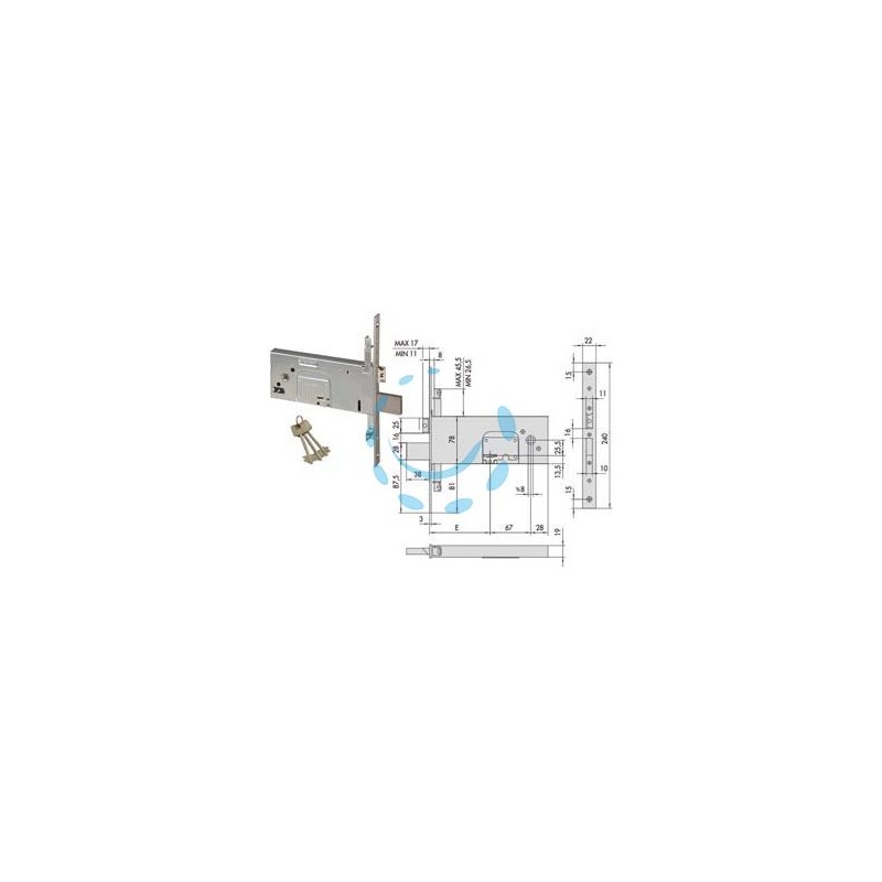 SERRATURA TRIPLICE DA INFILARE PER FASCE DOPPIA MAPPA MM.78 H 57357 - mm.100 - gambo chiave mm.60 (57357110)