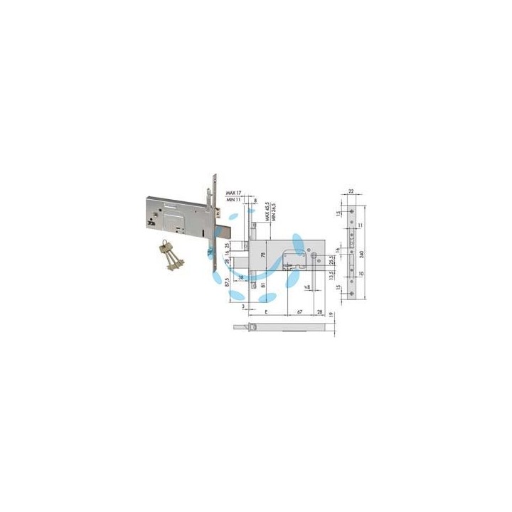SERRATURA TRIPLICE DA INFILARE PER FASCE DOPPIA MAPPA MM.78 H 57357 - mm.100 - gambo chiave mm.60 (57357110)