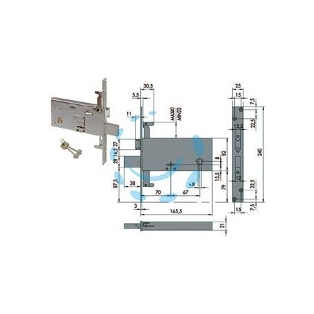SERRATURA TRIPLICE DA INFILARE PER FASCE DOPPIA MAPPA MM.82 H 57318 - mm.70 (57318730)