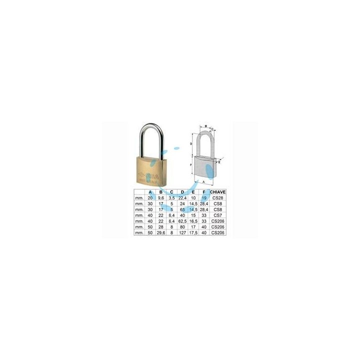 LUCCHETTO IN OTTONE ARCO LUNGO LUNGHISSIMO 22011 - mm.40 (art.22011410), arco lunghissimo