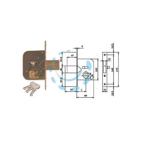 SERRATURA DA INFILARE PER CANCELLI CATEN. PROL. E SCR. CON NOTTOL. 604 - mm.45 (604451)