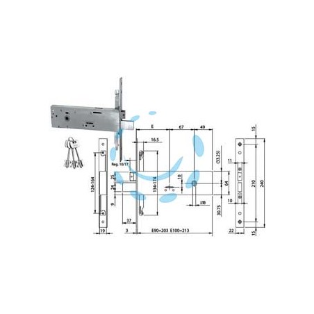 SERRATURA TRIPLICE DA INFILARE DOPPIA MAPPA PER FASCE MM.64 H 96311 - mm.90 (963110902)