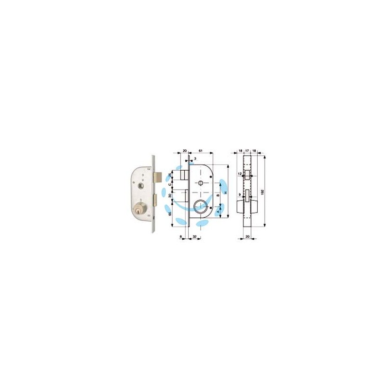 SERRATURA INFIL. CANCELLI 2 MAND. E SCR. SEP. + QUADRO CIL. FISSI 147 - mm.32 (147.32.0)
