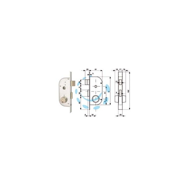 SERRATURA INFIL. CANCELLI 2 MAND. E SCR. SEP. + QUADRO CIL. FISSI 147 - mm.32 (147.32.0)