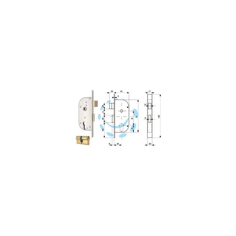SERRATURA INFIL. CANCELLI 2 MAND. E SCR. SEP. + QUADRO CIL. SAG. 148 - mm.32 (148.32.0)