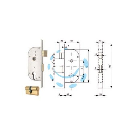 SERRATURA INFIL. CANCELLI 2 MAND. E SCR. SEP. + QUADRO CIL. SAG. 148 - mm.32 (148.32.0)