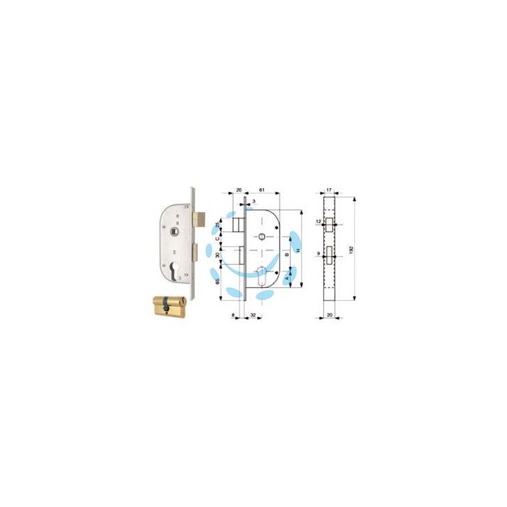 SERRATURA INFIL. CANCELLI 2 MAND. E SCR. SEP. + QUADRO CIL. SAG. 148 - mm.32 (148.32.0)