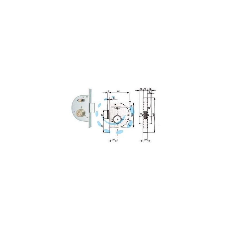 SERRATURA INFIL. CANC. CATENACCIO E SCR. C/NOTTOLINO CIL. FISSI 255 - mm.35 con catenaccio normale (255 35 0)