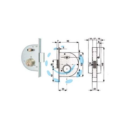 SERRATURA INFIL. CANC. CATENACCIO E SCR. C/NOTTOLINO CIL. FISSI 255 - mm.35 con catenaccio prolungato (255 35 1)