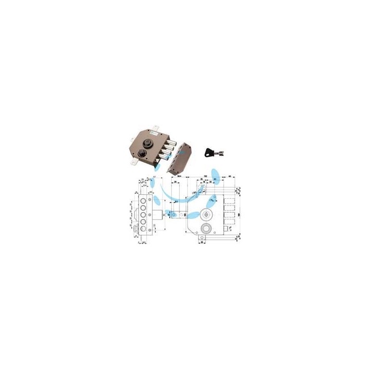 SERRATURA QUINTUPLICE DA APPLICARE CON SCROCCO A POMPA 30650 - mm.60 DX cilindro ø mm.30 (30650VD60JE)