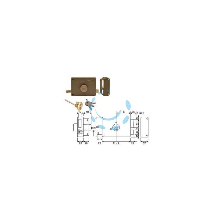 SERRATURA PER PORTE IN LEGNO APPL. C/POMOLO CILINDRO STACCATO 3 MAND. - mm.50 DX (330B)