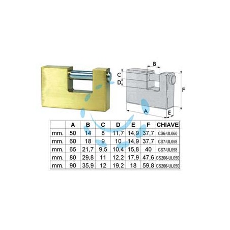LUCCHETTO RETTANGOLARE IN OTTONE - mm.50